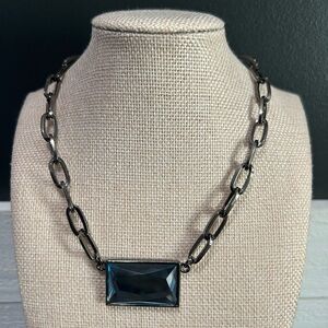 Lia Sophia Gunmetal Statement Necklace | Faceted Blue Pendant| Adjustable